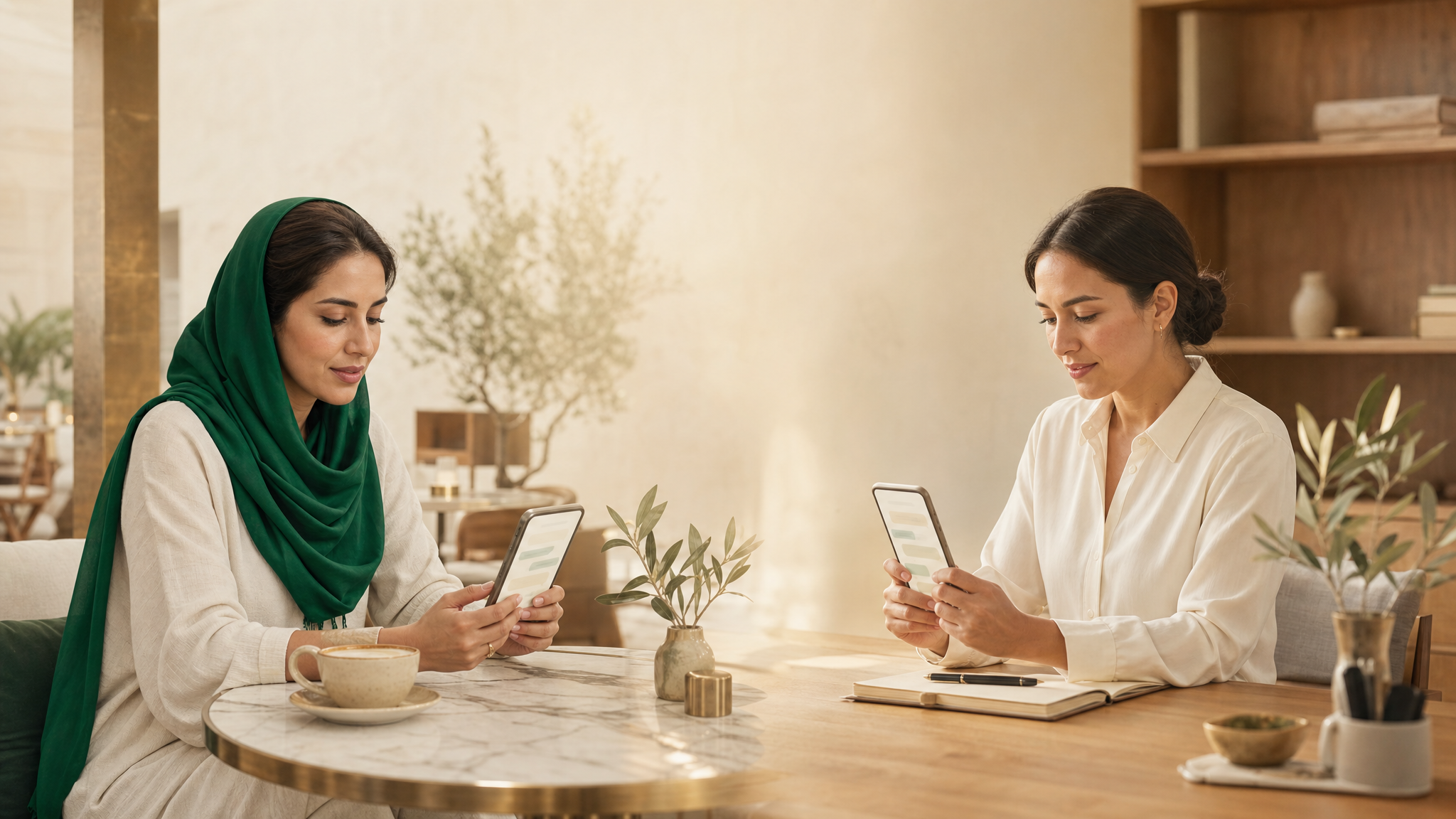 Two women on a live WhatsApp conversation — a Middle Eastern customer in a deep-green hijab in a warm cafe, and an agent at a modern workspace — both holding phones with soft green chat glow, each reading in her own language, connected by warm ambient light