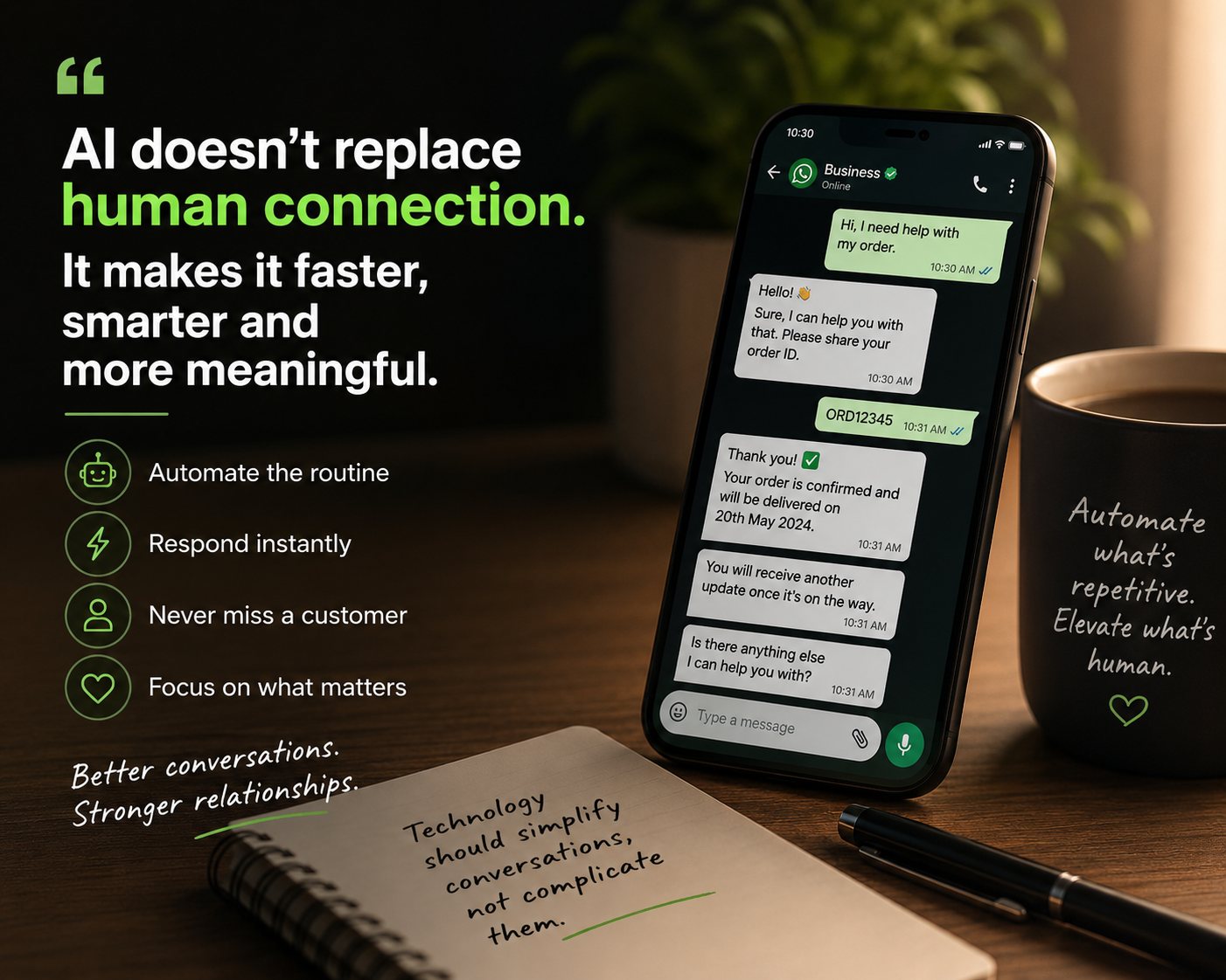 AI doesn't replace human connection. It makes it faster, smarter and more meaningful. Visual quote treatment showing four principles — Automate the routine, Respond instantly, Never miss a customer, Focus on what matters — beside a WhatsApp business conversation on a phone, with handwritten notes reading 'Technology should simplify conversations, not complicate them' and 'Automate what's repetitive. Elevate what's human.'