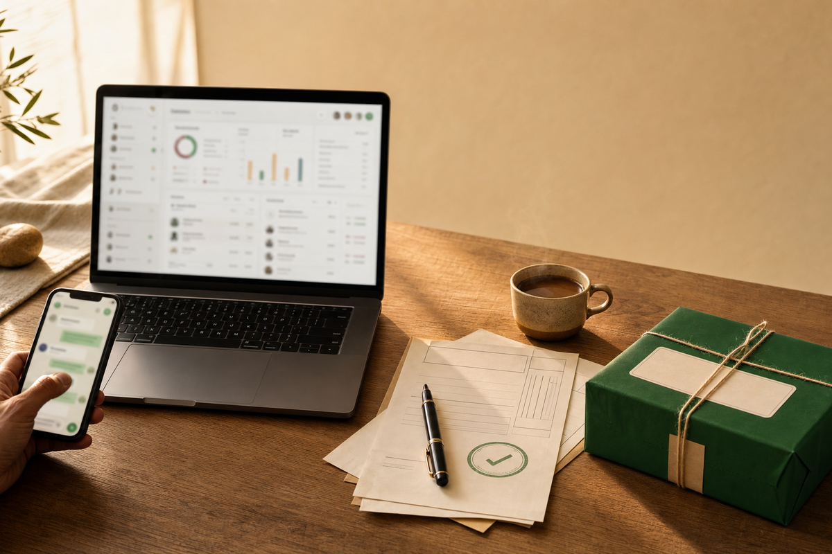 Go4whatsup USA — a modern American workspace where WhatsApp orders arrive on phone, the Odoo dashboard receives them on laptop, and an invoice + package are ready to ship