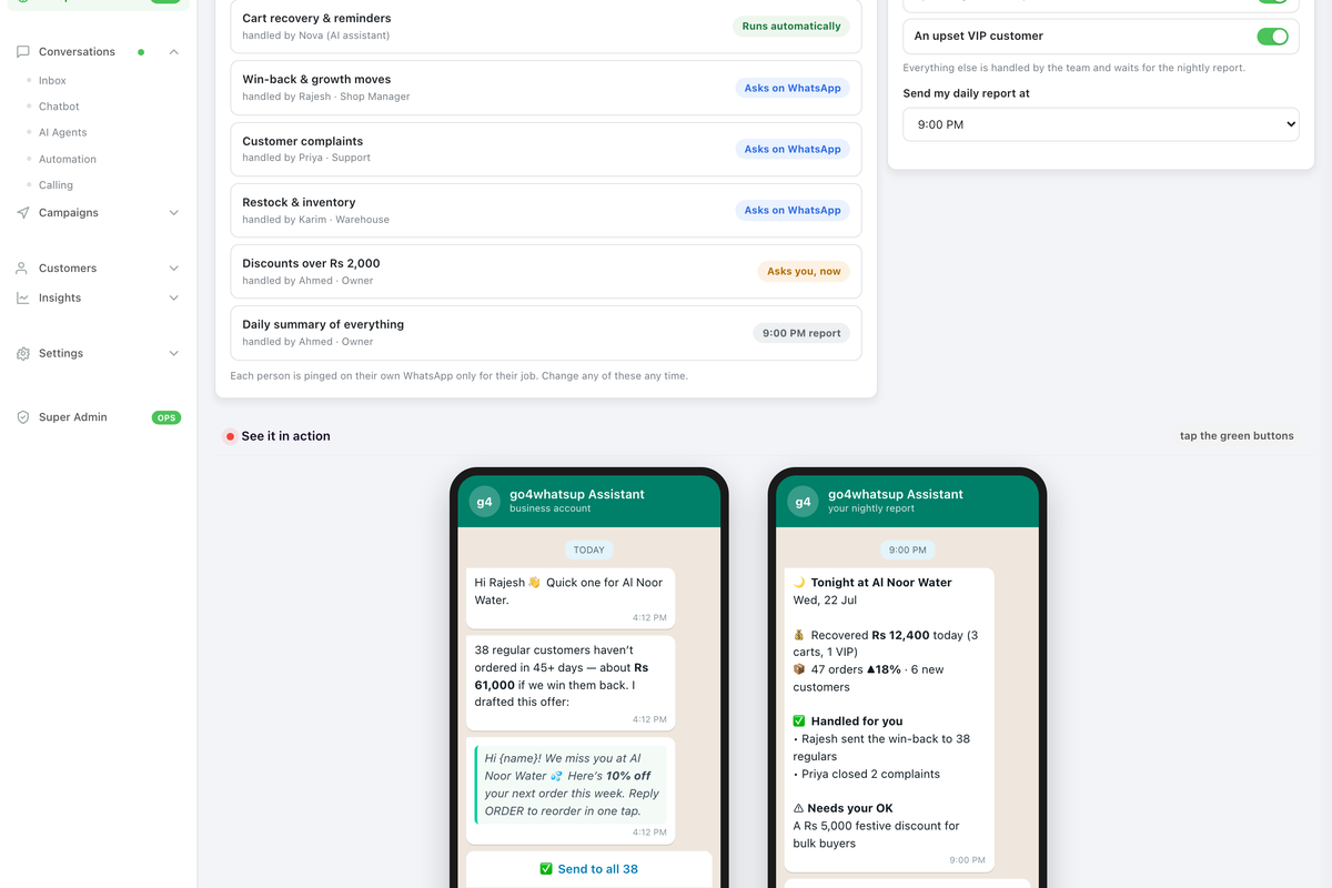 Go4whatsup Autopilot — Nova AI Agent handles cart recovery, first-touch replies, and refill reminders automatically