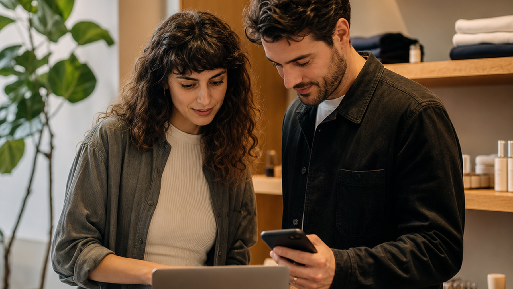 WhatsApp shared team inbox for sales — two reps collaborating at a workspace with laptop and phone on the same conversation